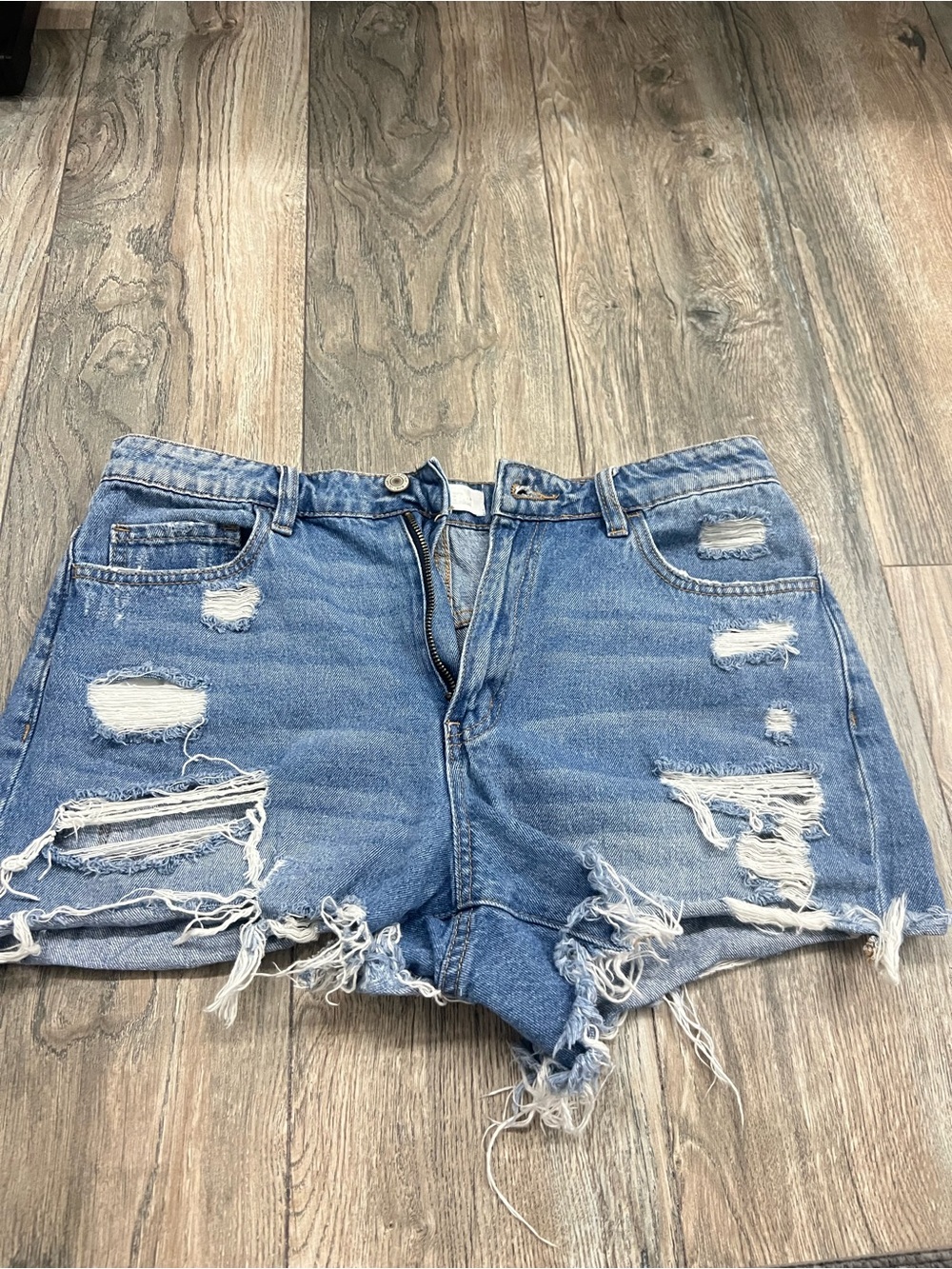 High-Rise Distressed Denim Shorts - Blue